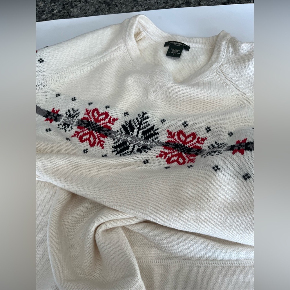 EDDIE BAUER Sweater Pullover NORDIC Snowflake Legend COTTON Blend Crew Neck LRG - Picture 10 of 10
